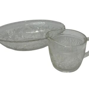 VTG Anchor Hocking Clear Glass Creamer & Oval Platter Set | Floral Etching